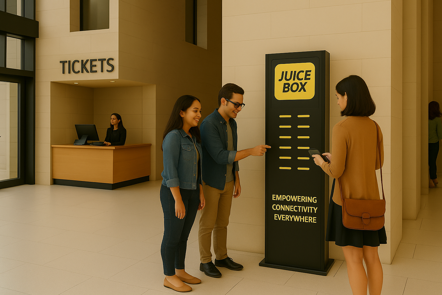 Juice Box charging station in a modern lobby or waiting area with a tickets booth